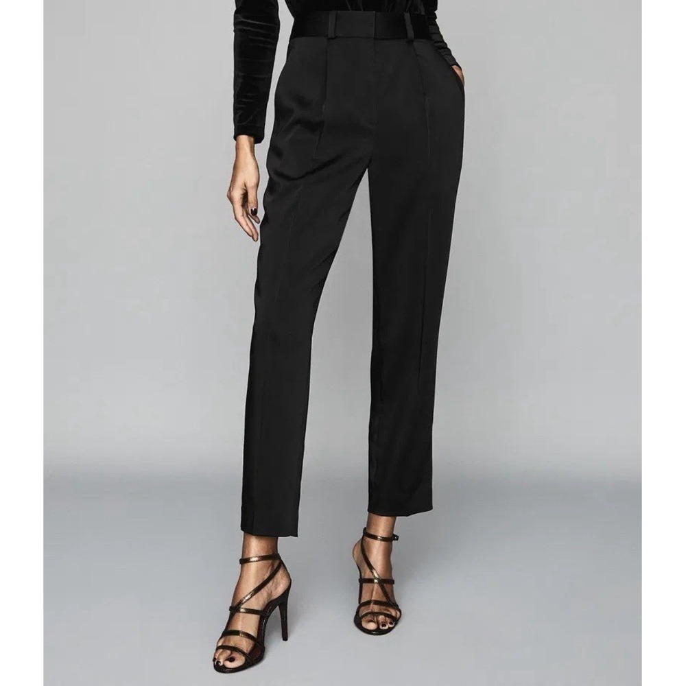 Reiss Elyssa Satin Pleated Trousers Womens Size 4 Black